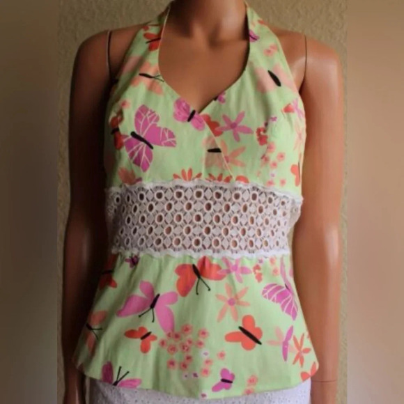 VINTAGE LILLY PULITZER CABANA HALTER LACE INSET BUTTERFLY TOP - Picture 1 of 8